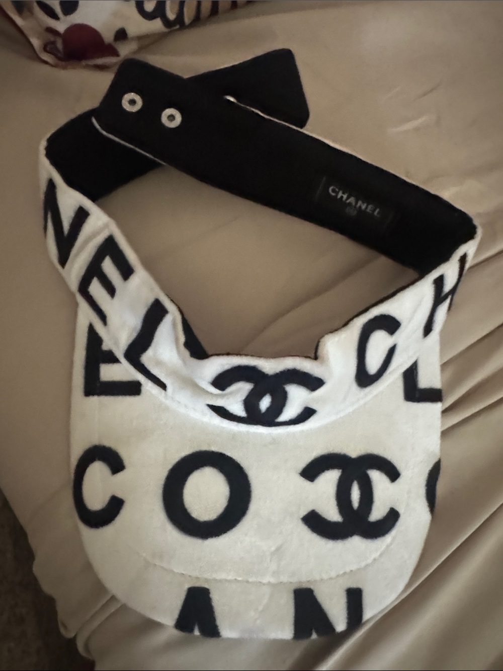 CHANEL White and Black Logo Visor Cap